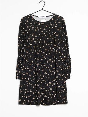 Mango Black Floral Long-Sleeve Tie-Sleeve Shift Dress